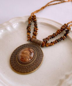 Irregular Tiger Eye Stone Oval Pendant Necklace With Retro And Antique Style