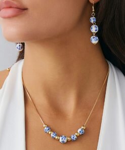 Blue And White Porcelain Round Beads Tassel Necklace Simple All-match Flower Earrings