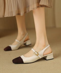 French Retro Color Matching Square Toe Back Empty Closed Toe Sandals